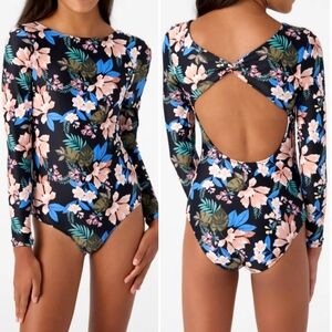 NWT Kids O'NEILL Natural Tropical Print Twist Back Surf Suit / Rash Guard
